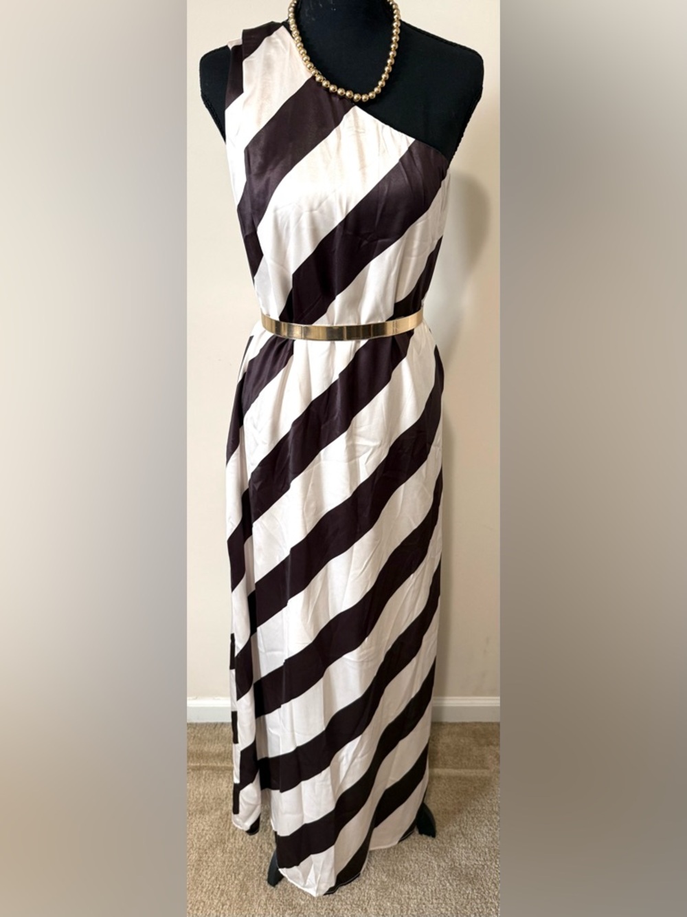 One-Shoulder Brown and White Striped Maxi Dress (L)
